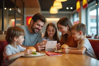 Famille avec enfants utilisant des Chèques Vacances chez McDonald's pendant les vacances d'été