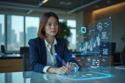 Femme d'affaires examinant des diagrammes blockchain innovants