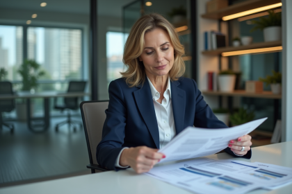 Femme d'affaires en costume analysant des rapports financiers