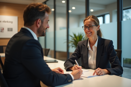 Femme d'affaires française avec banquier dans une banque moderne