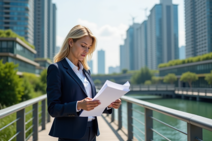 Femme d affaires en costume regardant des documents carbone