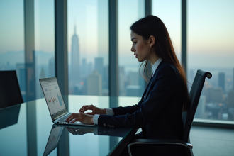 Jeune femme en costume analysant des graphiques Ethereum au bureau