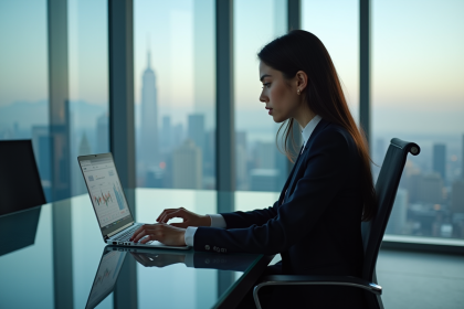 Jeune femme en costume analysant des graphiques Ethereum au bureau