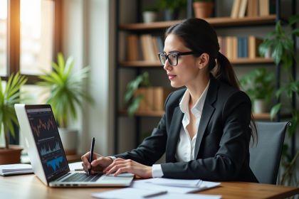 Femme d'affaires regardant des graphiques financiers dans un bureau lumineux