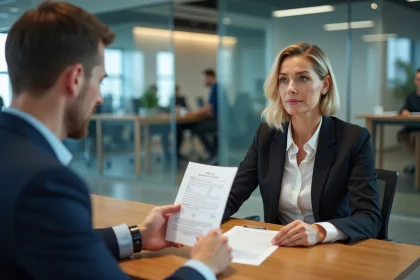 Femme d'affaires examine un relevé bancaire avec conseiller