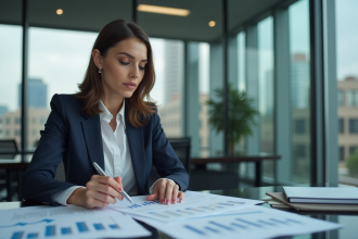 Femme professionnelle analysant des graphiques financiers au bureau