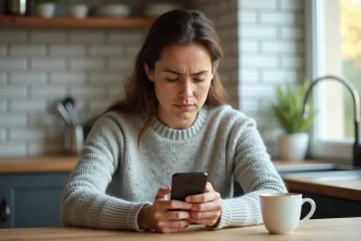 Femme vérifiant son application bancaire sur smartphone pour bloquer un prélèvement non reconnu de REMISEREDUC