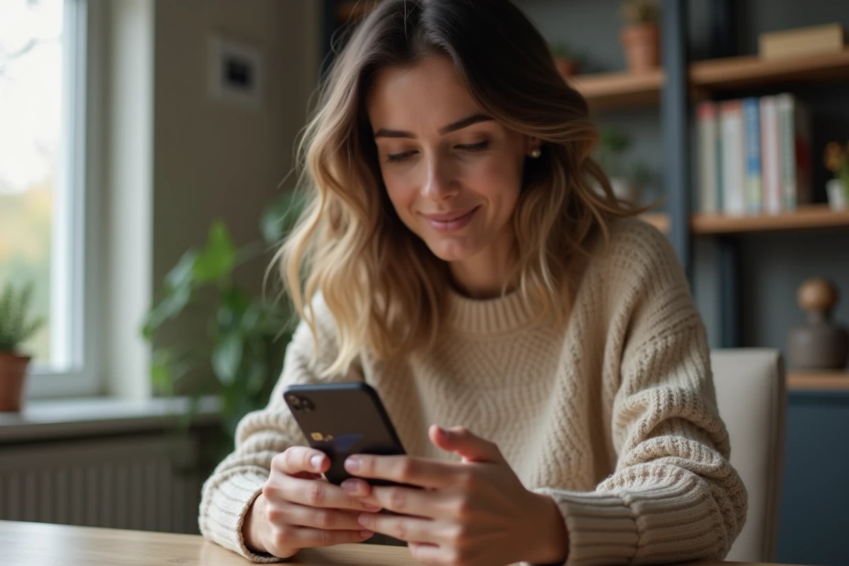 Femme consultant une application de paiement mobile pour réduire les frais de conversion en euros sur son smartphone