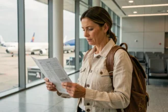 Femme consultant son contrat d'assurance voyage à l'aéroport avant un long séjour à l'étranger