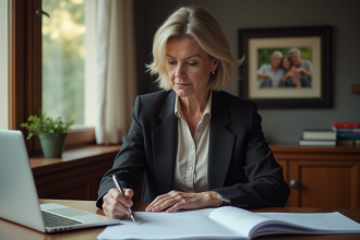 Femme d'âge moyen examinant des documents d'assurance vie