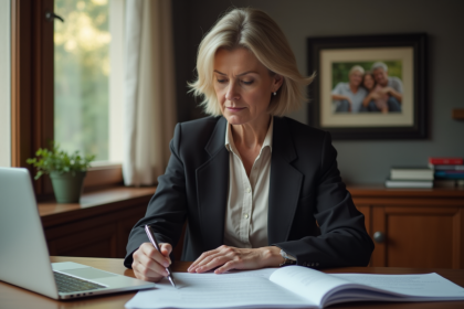Femme d'âge moyen examinant des documents d'assurance vie