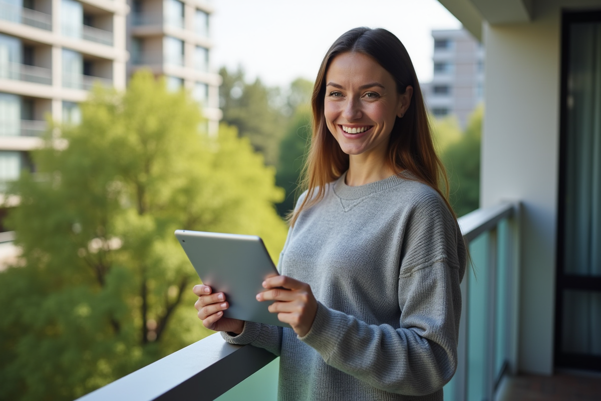 Femme souriante consulte une tablette sur un balcon urbain