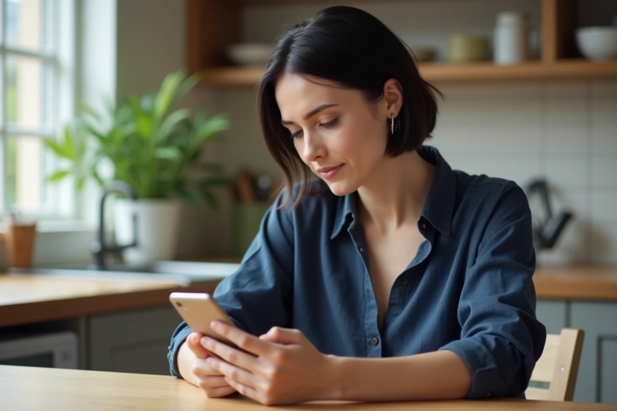 Femme utilisant une application de banque en ligne éthique sur smartphone dans une cuisine moderne