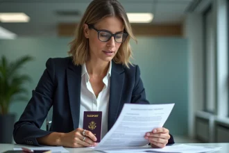 Femme d affaires examinant un formulaire de transfert et un passeport