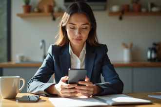 Jeune femme d'affaires vérifiant ses finances sur smartphone
