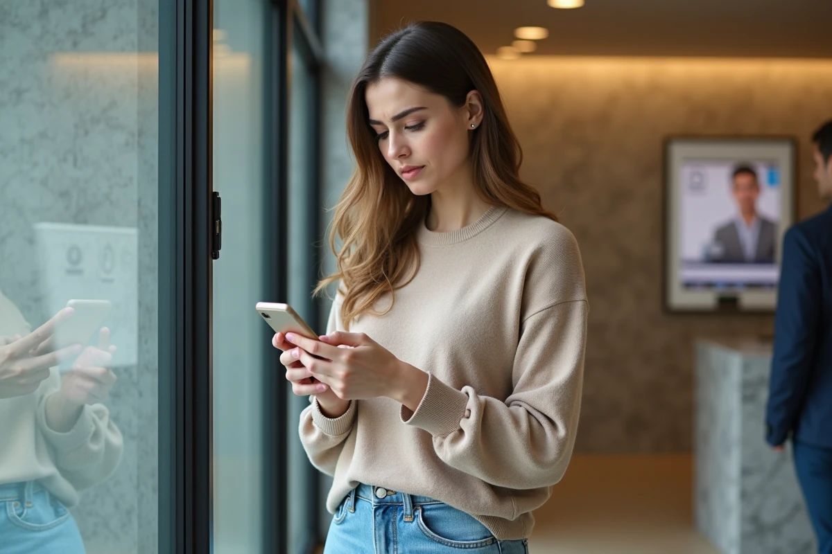 Jeune femme dans une banque utilisant son smartphone pour résoudre un problème