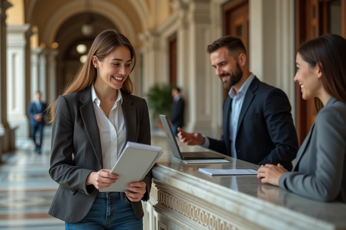 Jeune femme au comptoir de banque ancienne