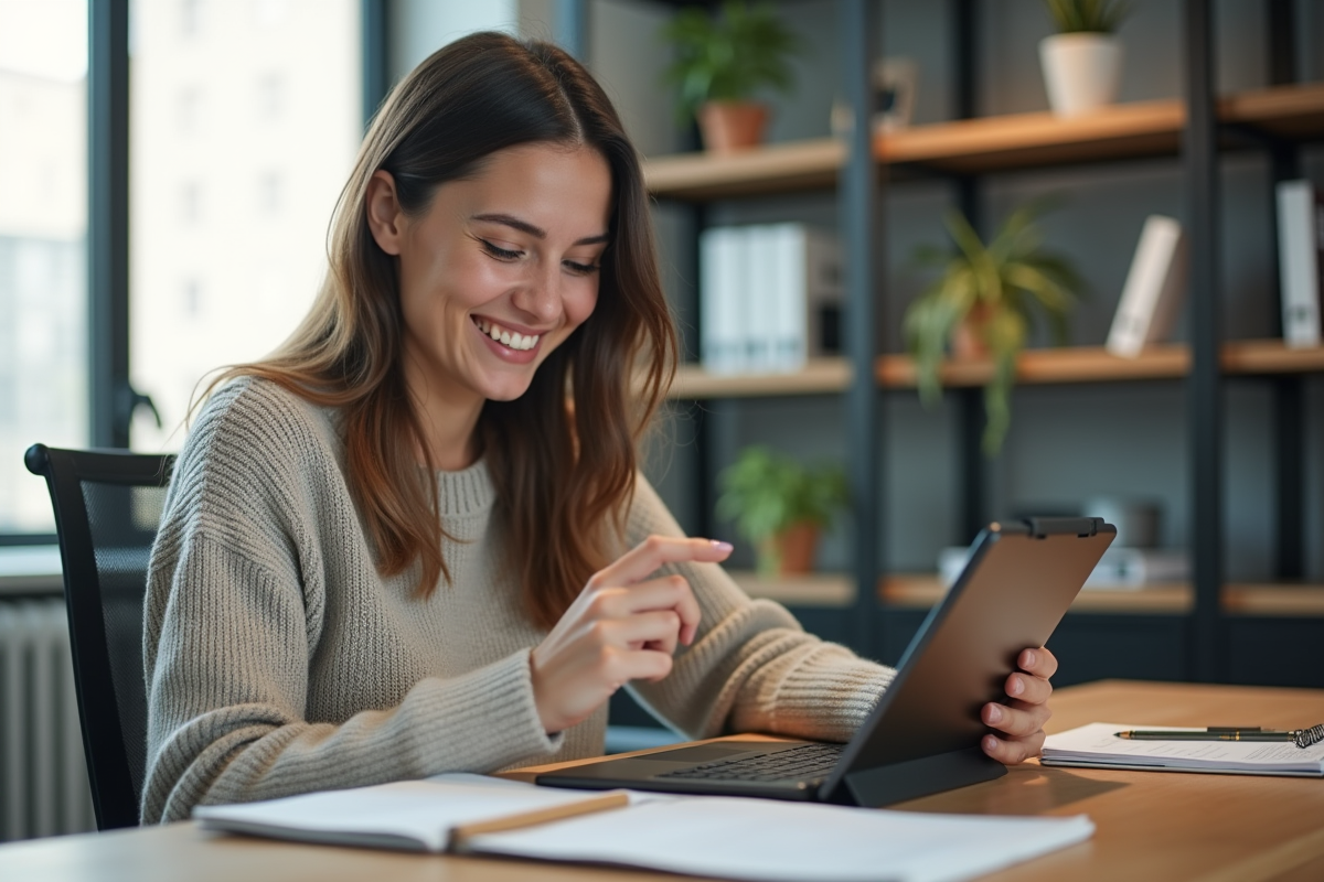Jeune femme souriante vérifiant son solde bancaire sur une tablette