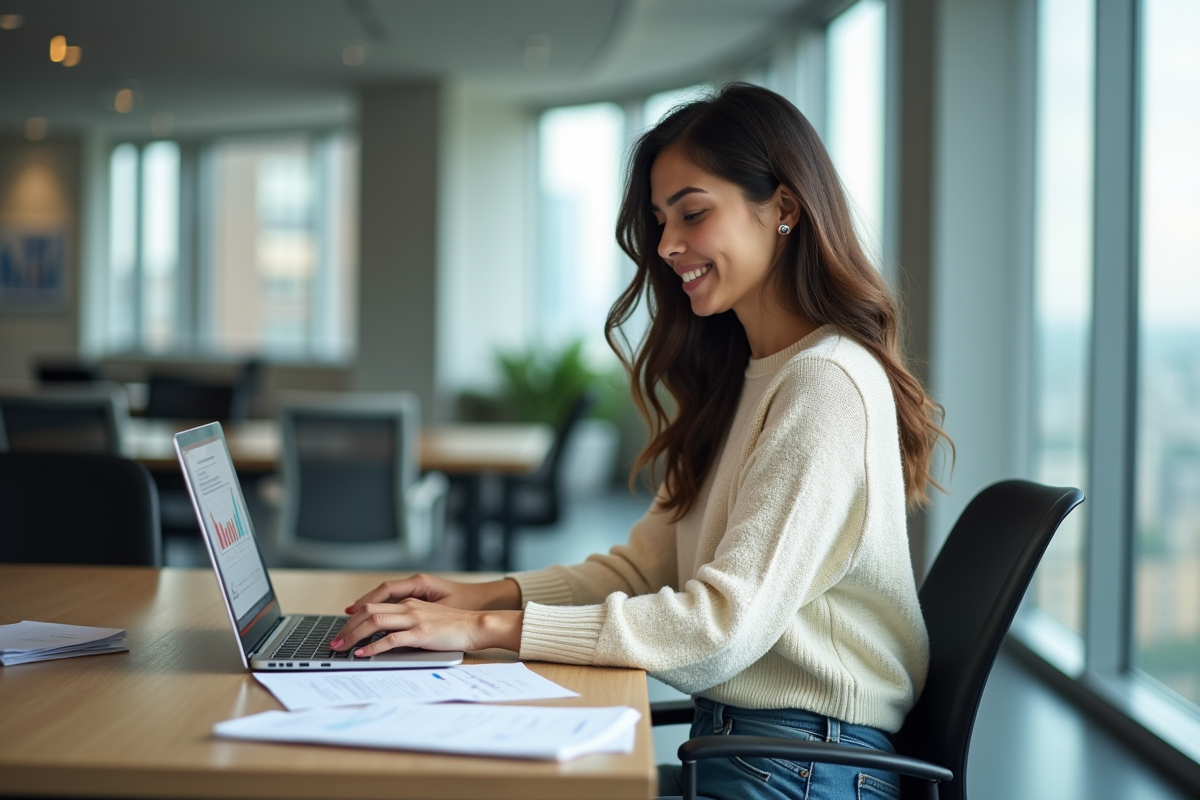 Femme en bureau regardant des données financières sur son ordinateur