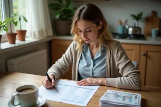 Femme en cuisine examinant un budget mensuel