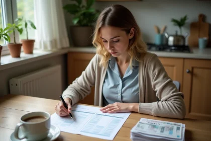 Femme en cuisine examinant un budget mensuel