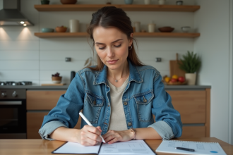 Femme moyenne âge examine ses factures de budget