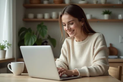 Jeune femme souriante utilisant un ordinateur pour faire du shopping en ligne