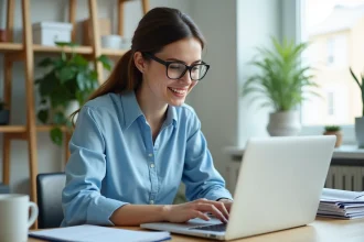Femme au bureau regardant son ordinateur portable