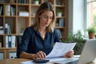 Femme au bureau regardant une fiche de paie dans un bureau moderne