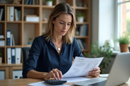 Femme au bureau regardant une fiche de paie dans un bureau moderne