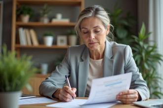 Femme d'âge moyen dans un bureau organisé examine des documents de remboursement