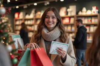 Femme souriante avec cadeau et voucher dans un magasin