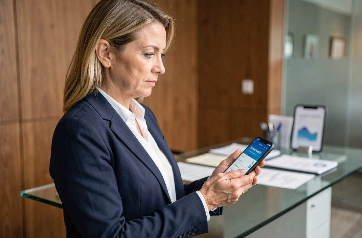 Femme cadre consultant les alertes de son application BNP Banque Privée sur smartphone dans un bureau
