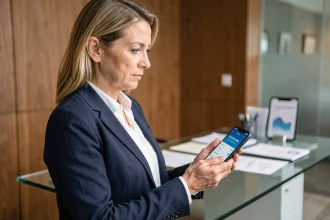Femme cadre consultant les alertes de son application BNP Banque Privée sur smartphone dans un bureau