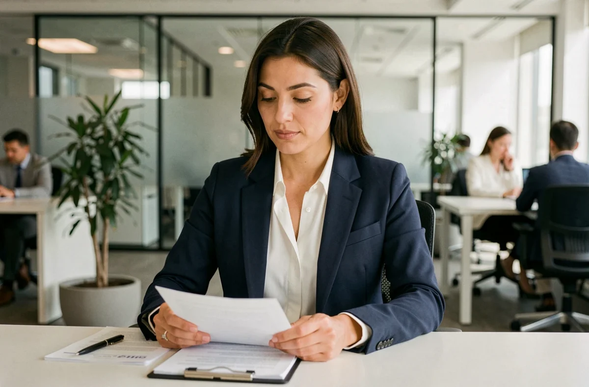 Femme cadre bancaire analysant des documents financiers dans une agence moderne, illustration de la fiabilité d'OLINDA Banque