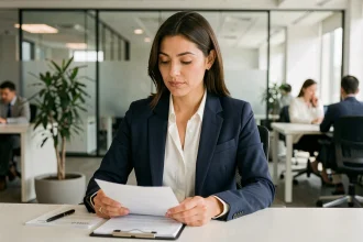 Femme cadre bancaire analysant des documents financiers dans une agence moderne, illustration de la fiabilité d'OLINDA Banque