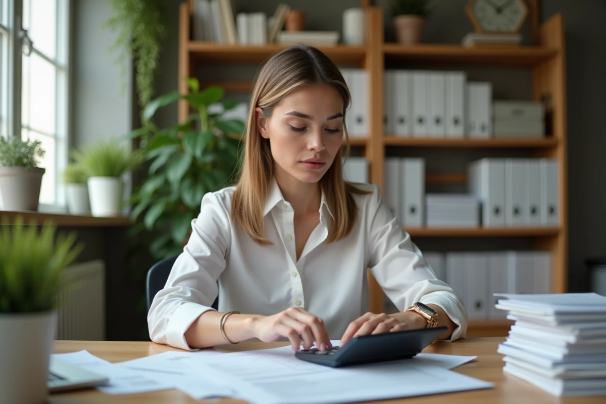 Femme concentrée utilisant une calculatrice et un document fiscal