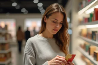 Femme tenant une carte cadeau Kadéos dans un magasin, vérifiant sa validité en 2026