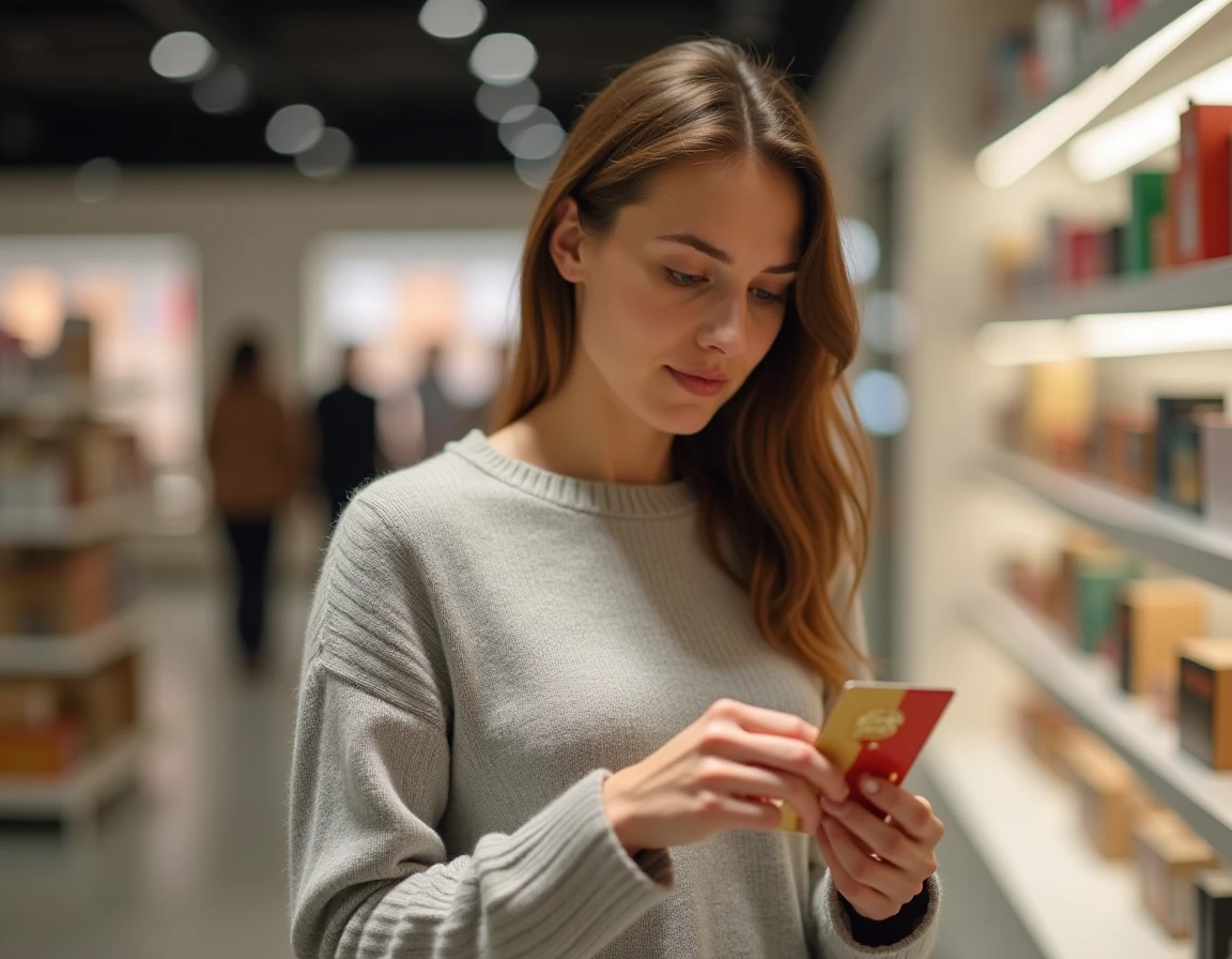 Femme tenant une carte cadeau Kadéos dans un magasin, vérifiant sa validité en 2026
