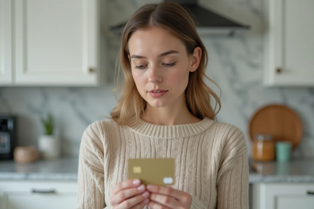 Femme tenant une carte prépayée La Poste dans une cuisine moderne pour gérer son budget