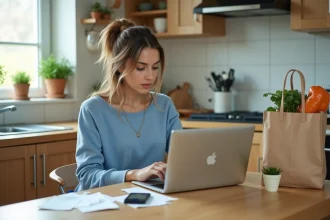 Jeune femme vérifiant cashback sur son ordinateur dans la cuisine