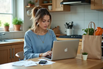 Jeune femme vérifiant cashback sur son ordinateur dans la cuisine