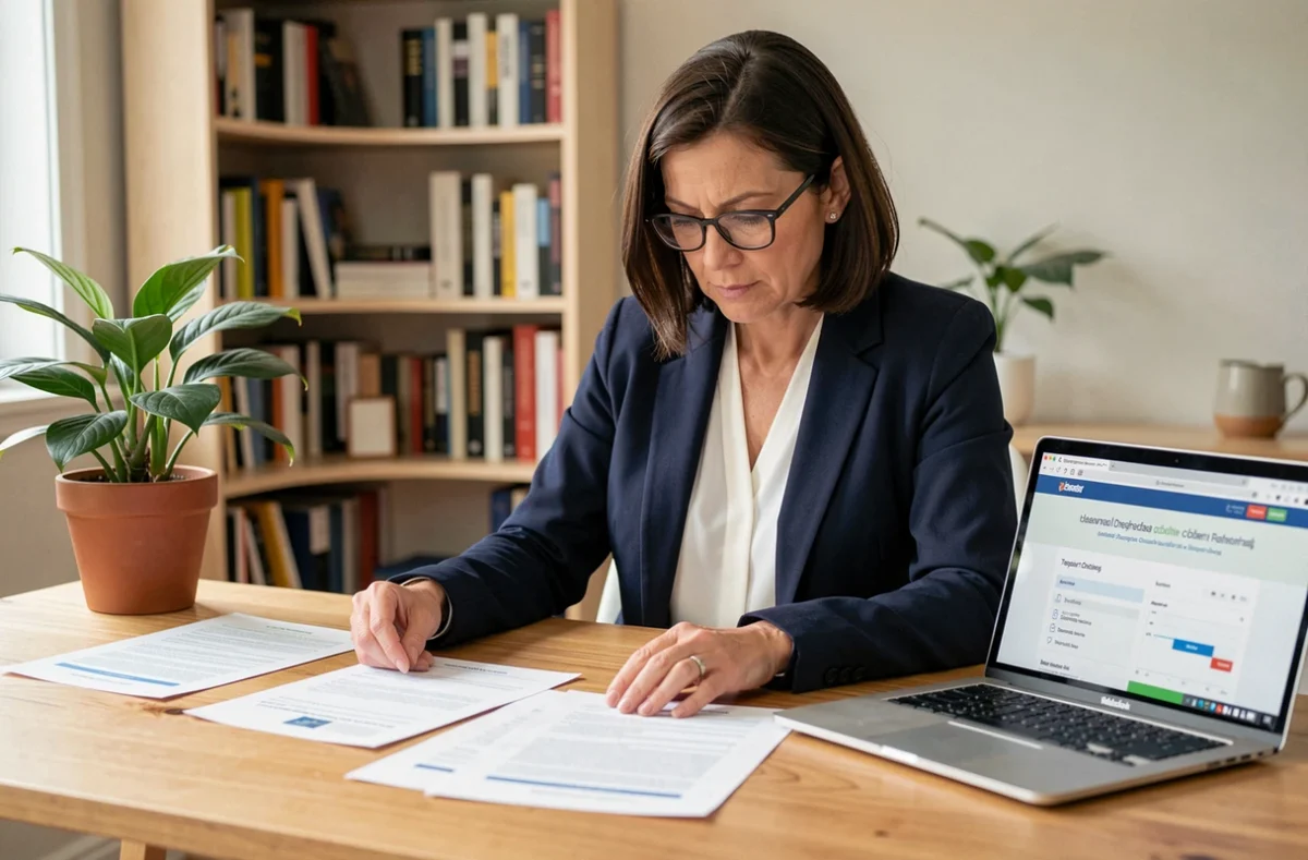 Femme comparant des documents d'assurance Pacifica et de mutuelles concurrentes sur un bureau à domicile