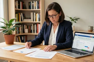 Femme comparant des documents d'assurance Pacifica et de mutuelles concurrentes sur un bureau à domicile