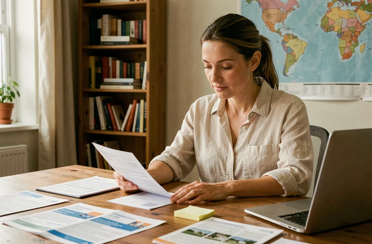 Femme consultant des documents d'assurance voyage et son passeport à un bureau en bois à domicile