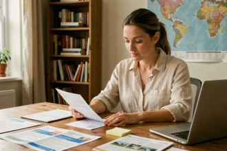 Femme consultant des documents d'assurance voyage et son passeport à un bureau en bois à domicile
