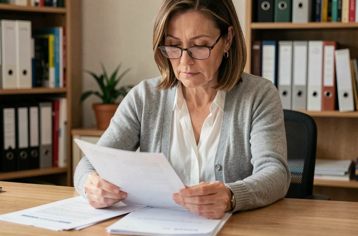 Femme de 40 ans consultant des courriers papier Carpimko posés sur un bureau en bois à domicile