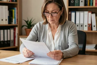 Femme de 40 ans consultant des courriers papier Carpimko posés sur un bureau en bois à domicile