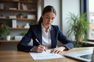 Femme en blazer bleu examine des documents de mortgage