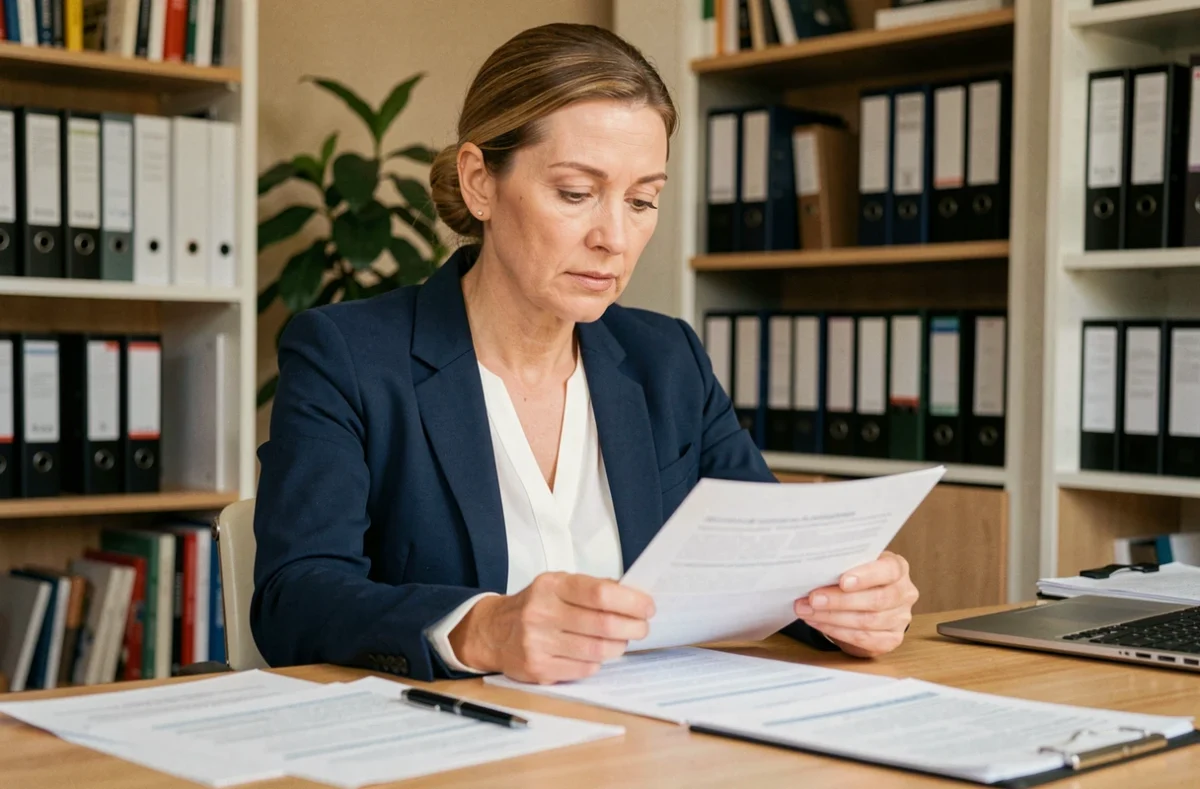Femme consultant des documents d'assurance emprunteur à son bureau à domicile